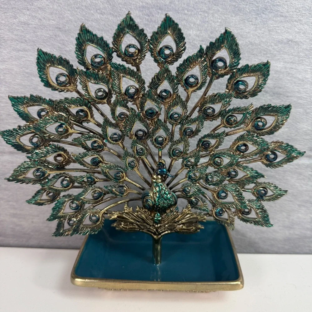 Peacock‎ Jewelry Holder Trinket Dish Teal Gold Metal Decorative Vanity Display